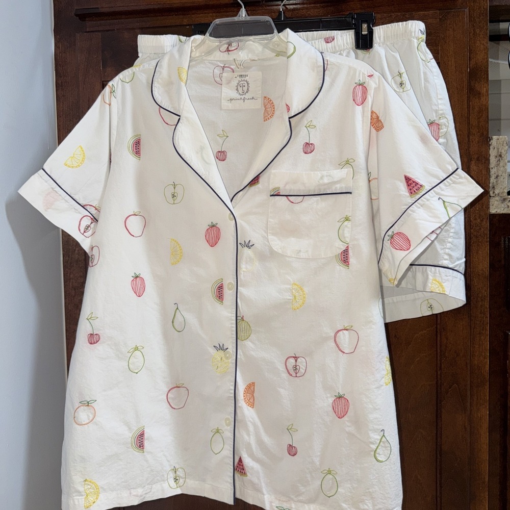 Print Fresh Cotton Embroidered Pajama Set Fruit Theme Shirt And Shorts Lounge